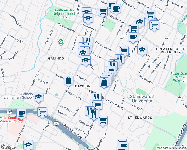 map of restaurants, bars, coffee shops, grocery stores, and more near 3108 Fontana Drive in Austin