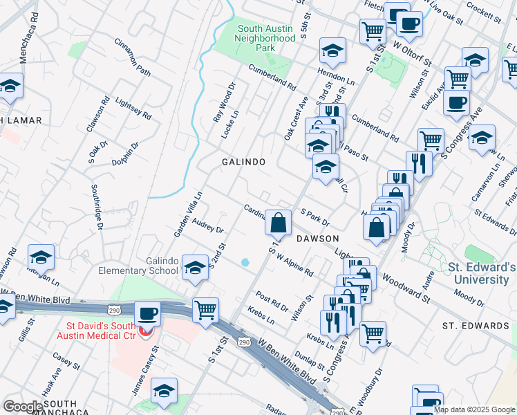 map of restaurants, bars, coffee shops, grocery stores, and more near 601 Cardinal Lane in Austin