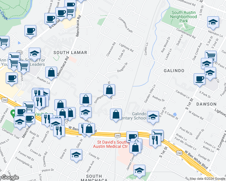 map of restaurants, bars, coffee shops, grocery stores, and more near in Austin