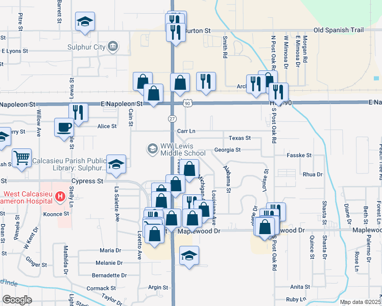 map of restaurants, bars, coffee shops, grocery stores, and more near 208 Louisiana Avenue in Sulphur