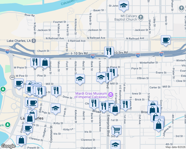 map of restaurants, bars, coffee shops, grocery stores, and more near 517 Bank Street in Lake Charles