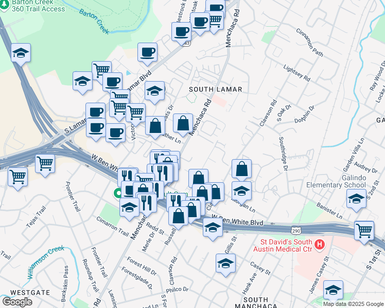 map of restaurants, bars, coffee shops, grocery stores, and more near 4006 Valley View Road in Austin
