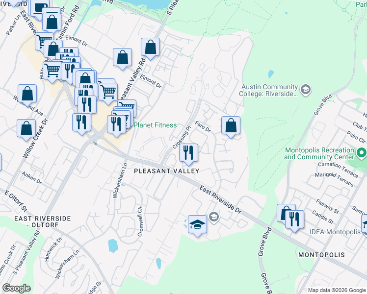 map of restaurants, bars, coffee shops, grocery stores, and more near 1705 Crossing Place in Austin