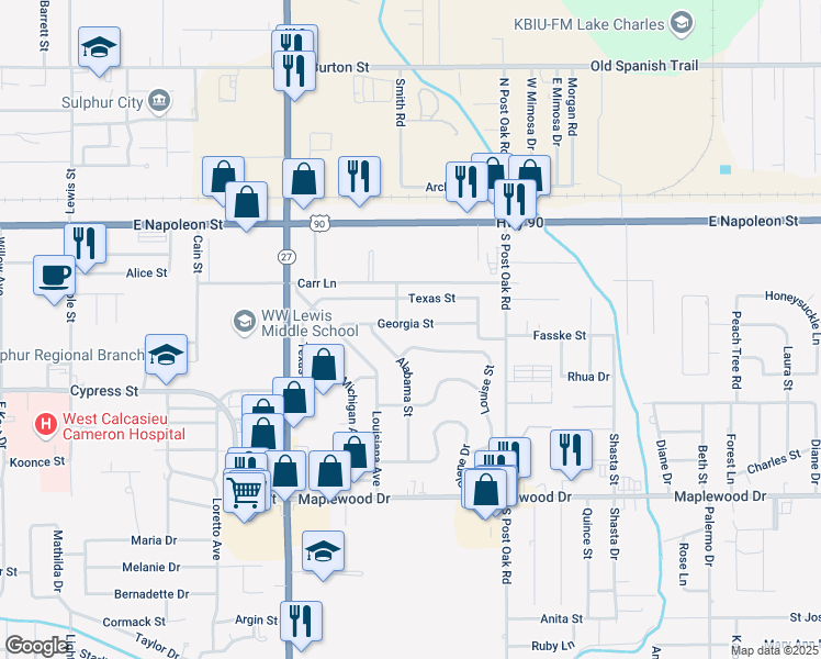 map of restaurants, bars, coffee shops, grocery stores, and more near 1212 Georgia Street in Sulphur