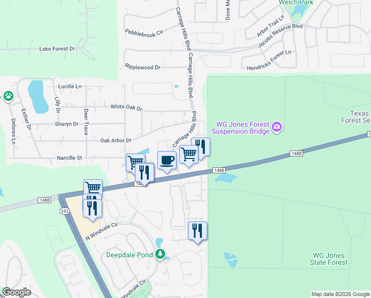 map of restaurants, bars, coffee shops, grocery stores, and more near 165 Carriage Hills Boulevard in Conroe