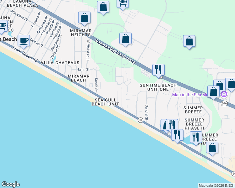 map of restaurants, bars, coffee shops, grocery stores, and more near 17642 Front Beach Road in Panama City Beach