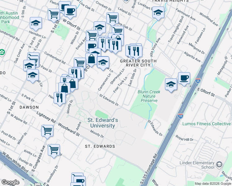 map of restaurants, bars, coffee shops, grocery stores, and more near 2706 Nottingham Lane in Austin
