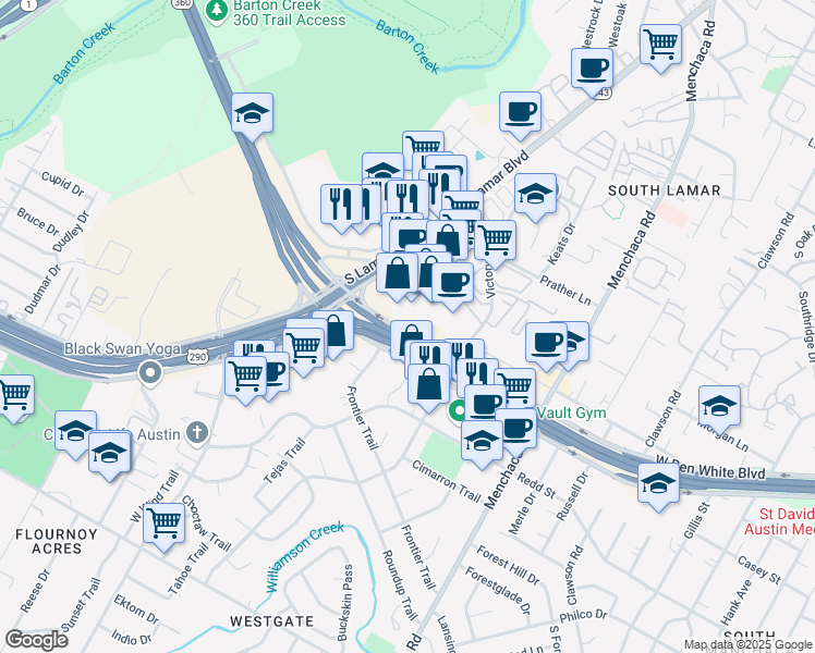 map of restaurants, bars, coffee shops, grocery stores, and more near 2417 West Ben White Boulevard in Austin