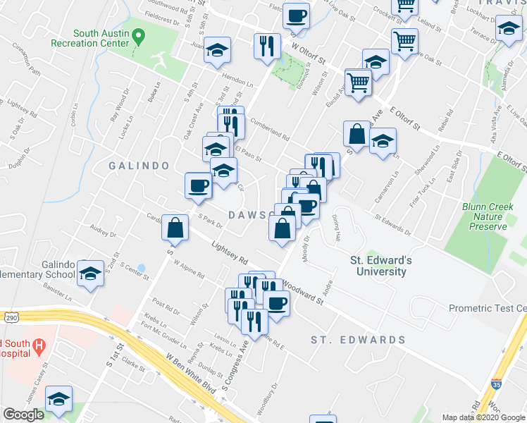 map of restaurants, bars, coffee shops, grocery stores, and more near 3019 Fontana Drive in Austin