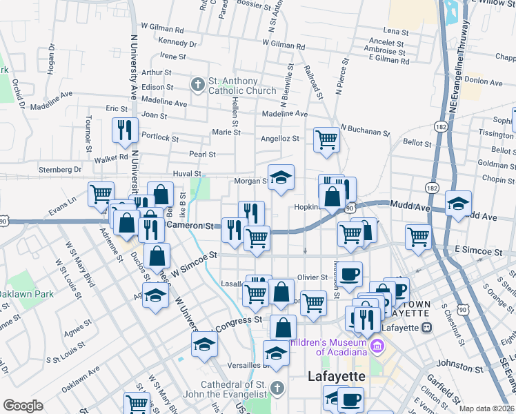 map of restaurants, bars, coffee shops, grocery stores, and more near South Saint Antoine Street in Lafayette