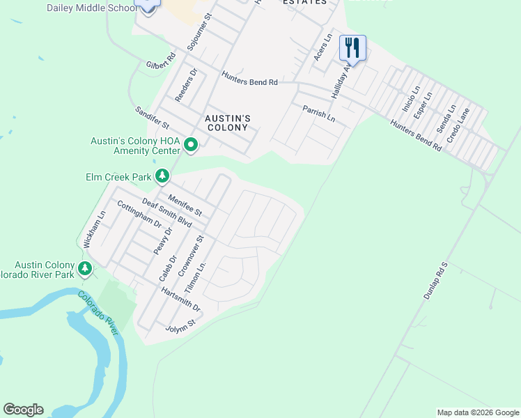 map of restaurants, bars, coffee shops, grocery stores, and more near 3602 Chappie Lane in Austin