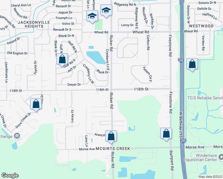 map of restaurants, bars, coffee shops, grocery stores, and more near Ricker Rd & 118th St in Jacksonville