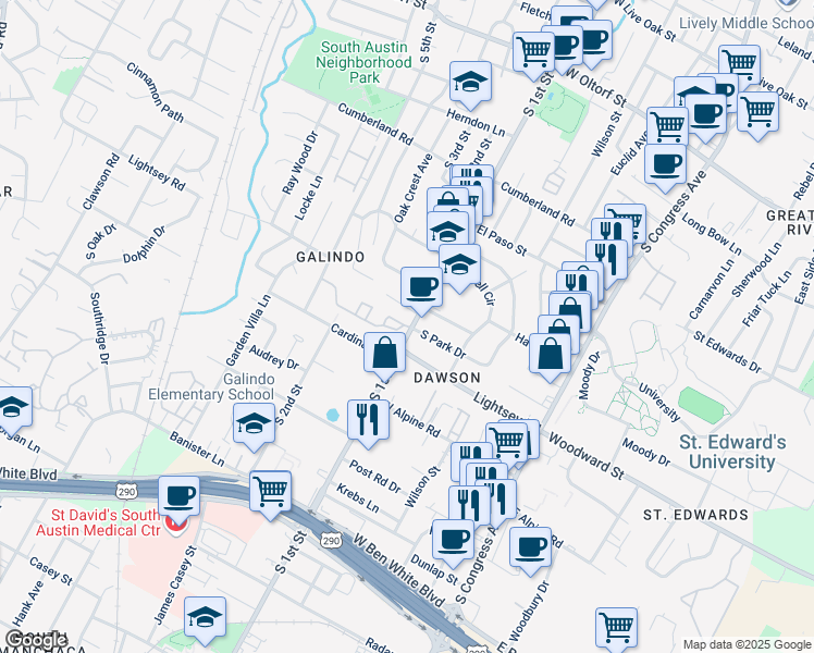 map of restaurants, bars, coffee shops, grocery stores, and more near 3200 South 1st Street in Austin