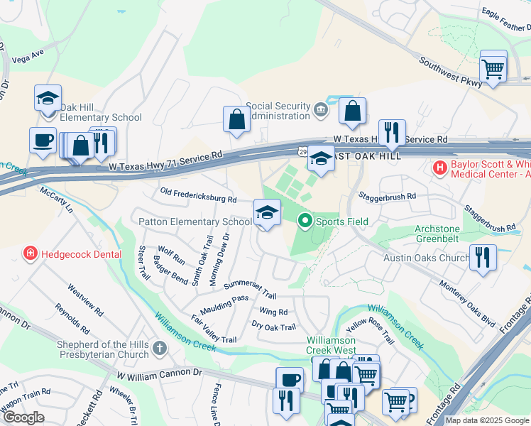 map of restaurants, bars, coffee shops, grocery stores, and more near 6001 Westcreek Drive in Austin