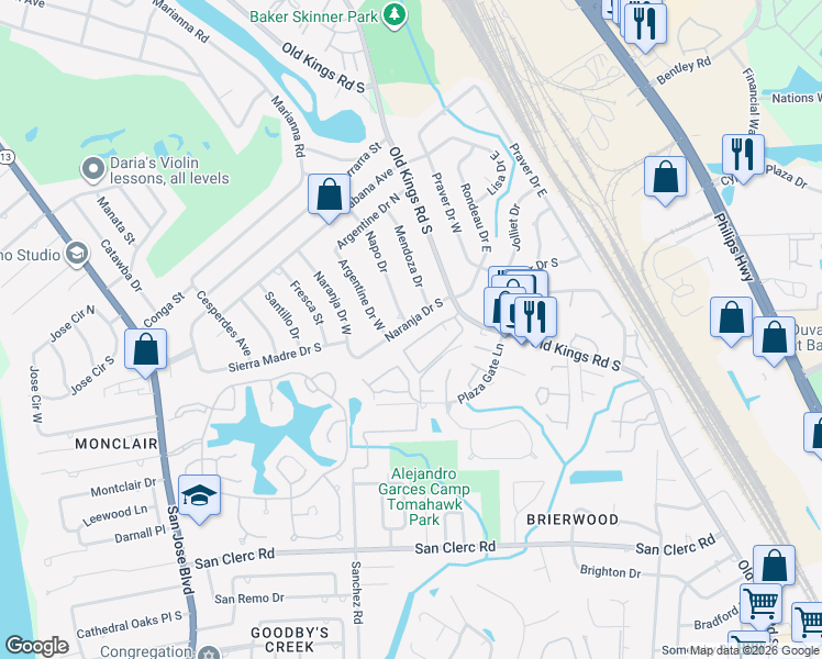 map of restaurants, bars, coffee shops, grocery stores, and more near 4412 Naranja Drive South in Jacksonville