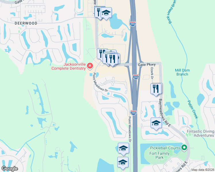 map of restaurants, bars, coffee shops, grocery stores, and more near 7800 Point Meadows Drive in Jacksonville