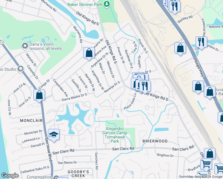 map of restaurants, bars, coffee shops, grocery stores, and more near 4412 Naranja Drive South in Jacksonville
