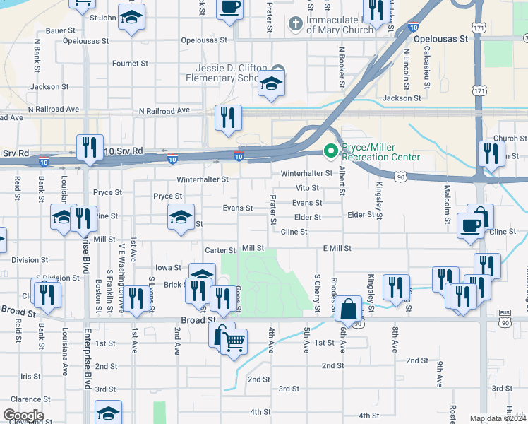 map of restaurants, bars, coffee shops, grocery stores, and more near 500-598 Chandler St in Lake Charles
