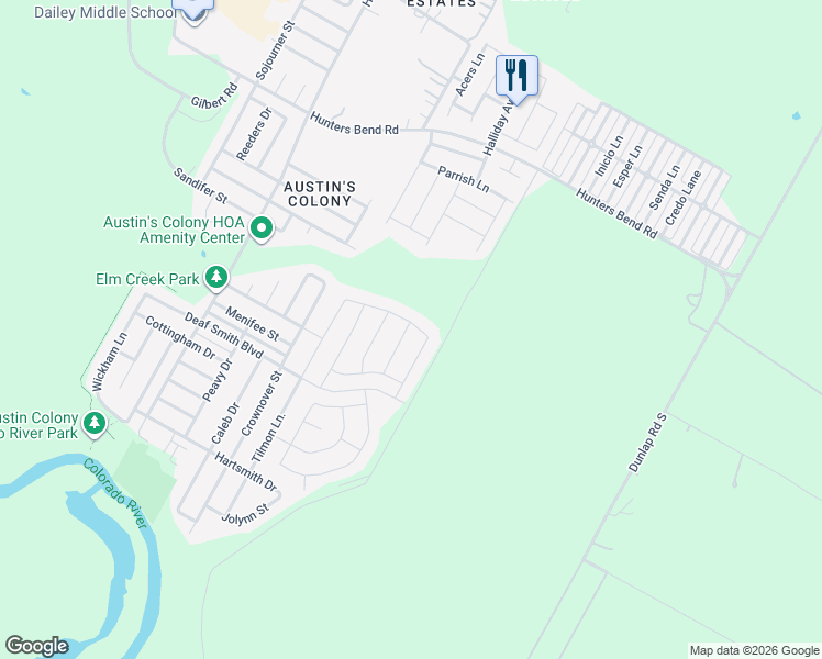 map of restaurants, bars, coffee shops, grocery stores, and more near 3603 Conyers Lane in Austin