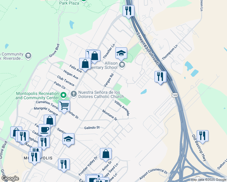 map of restaurants, bars, coffee shops, grocery stores, and more near 901 Vasquez Street in Austin