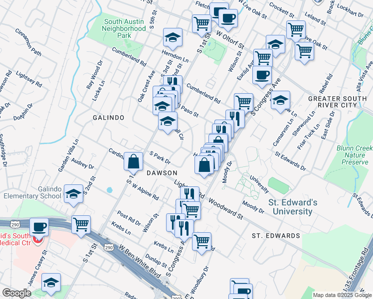 map of restaurants, bars, coffee shops, grocery stores, and more near 3108 Fontana Drive in Austin