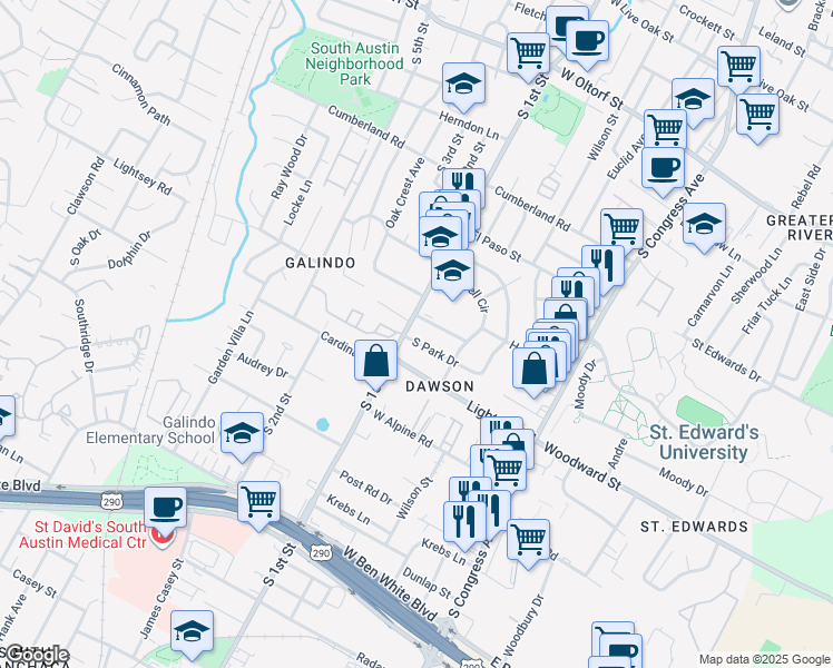 map of restaurants, bars, coffee shops, grocery stores, and more near 3243 South 1st Street in Austin