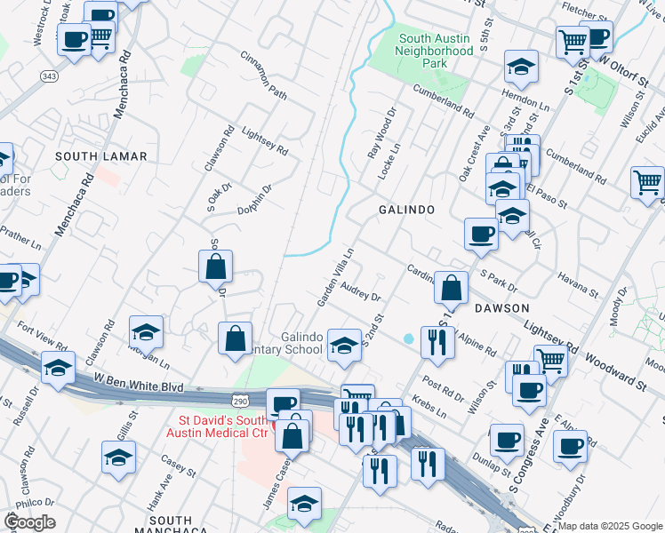 map of restaurants, bars, coffee shops, grocery stores, and more near 3606 Audrey Drive in Austin