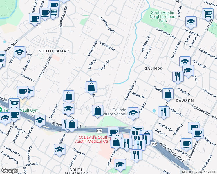 map of restaurants, bars, coffee shops, grocery stores, and more near 1300 Southport Drive in Austin