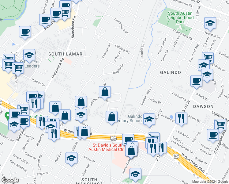 map of restaurants, bars, coffee shops, grocery stores, and more near 1202 Southport Drive in Austin