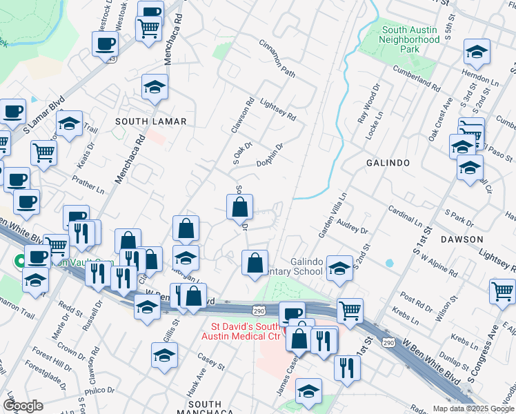 map of restaurants, bars, coffee shops, grocery stores, and more near 1202 Southport Drive in Austin