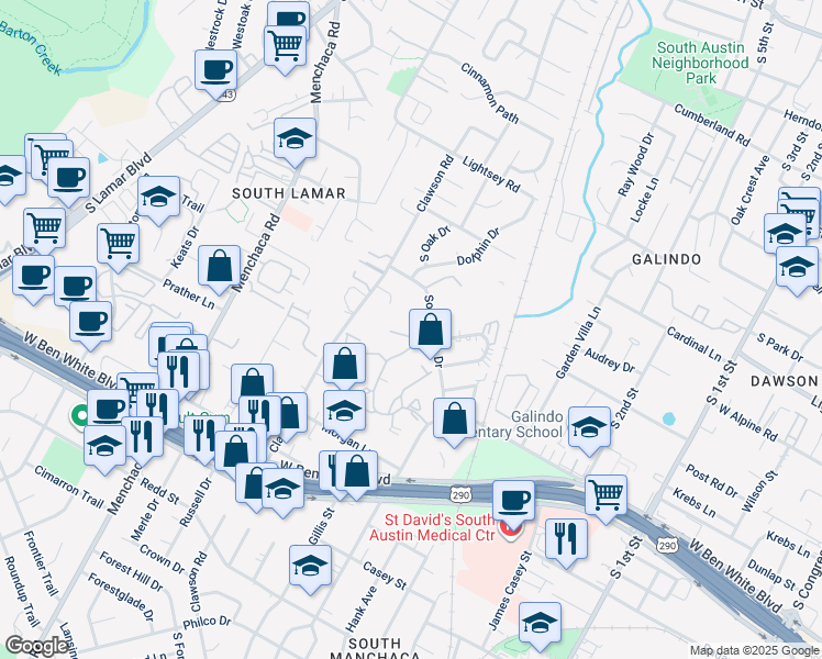 map of restaurants, bars, coffee shops, grocery stores, and more near 1504 Southport Drive in Austin