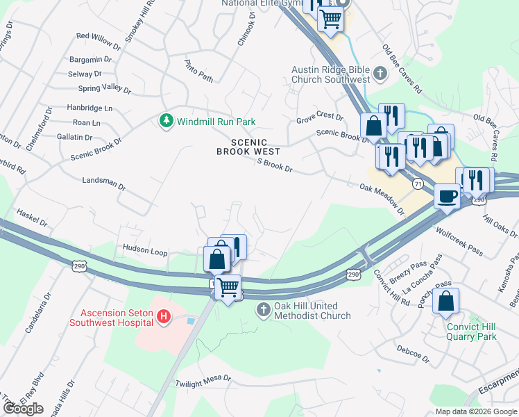 map of restaurants, bars, coffee shops, grocery stores, and more near 7870 U.S. 290 in Austin