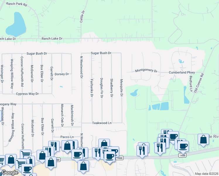 map of restaurants, bars, coffee shops, grocery stores, and more near 711 Shadberry Drive in Magnolia