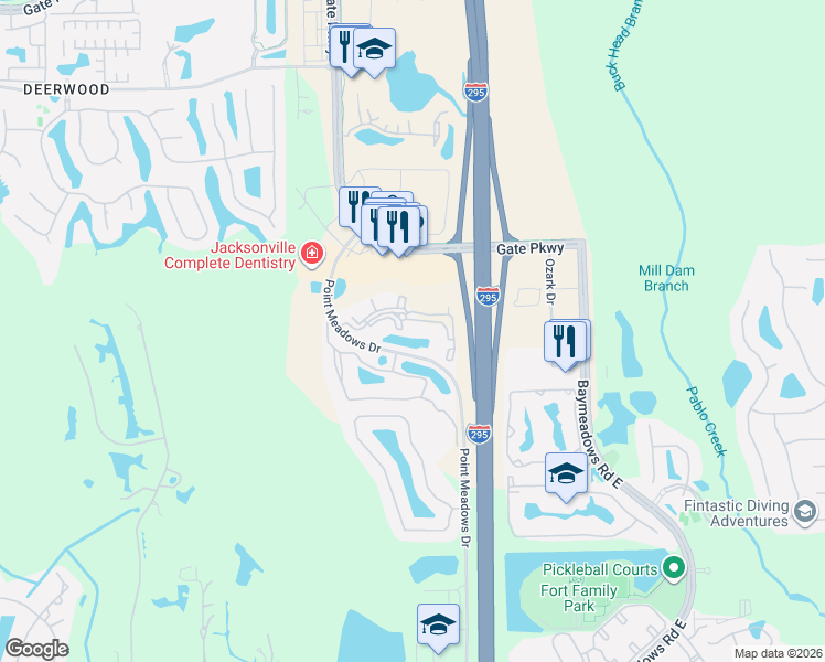 map of restaurants, bars, coffee shops, grocery stores, and more near 7801 Point Meadows Drive in Jacksonville