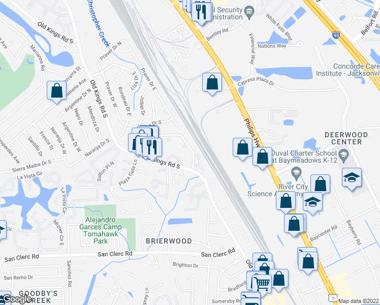 map of restaurants, bars, coffee shops, grocery stores, and more near 8160 San Jose Manor Drive East in Jacksonville