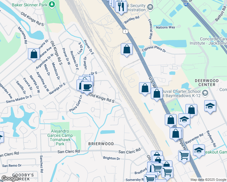map of restaurants, bars, coffee shops, grocery stores, and more near 8205 San Jose Manor Court in Jacksonville