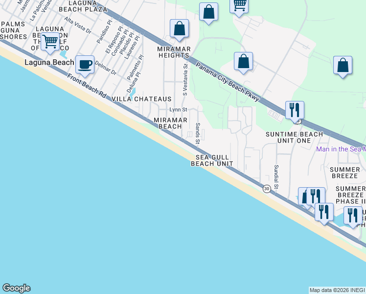 map of restaurants, bars, coffee shops, grocery stores, and more near 17757 Front Beach Road in Panama City