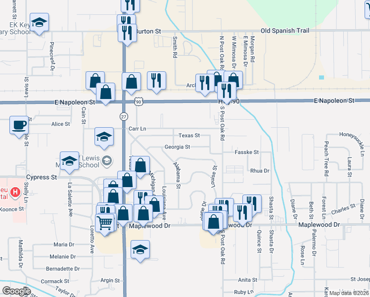 map of restaurants, bars, coffee shops, grocery stores, and more near 2012 Louise Street in Sulphur