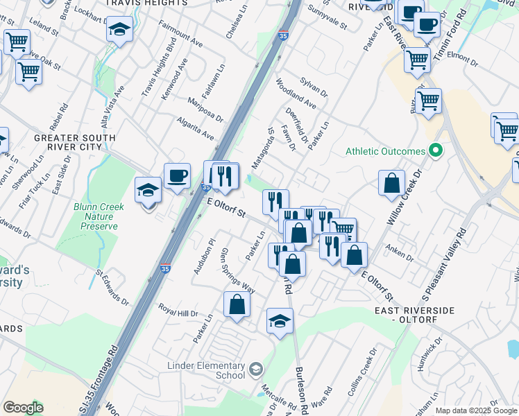 map of restaurants, bars, coffee shops, grocery stores, and more near 1740 East Oltorf Street in Austin