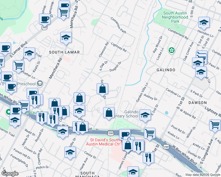 map of restaurants, bars, coffee shops, grocery stores, and more near 1202 Southport Drive in Austin