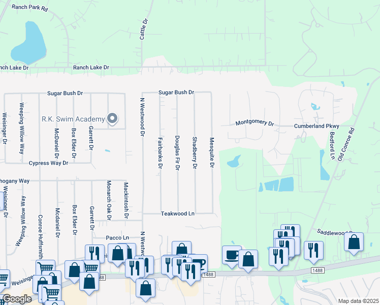 map of restaurants, bars, coffee shops, grocery stores, and more near 711 Shadberry Drive in Magnolia