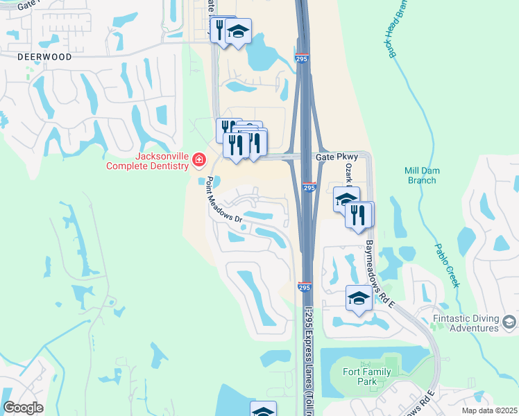 map of restaurants, bars, coffee shops, grocery stores, and more near 7800 Point Meadows Drive in Jacksonville