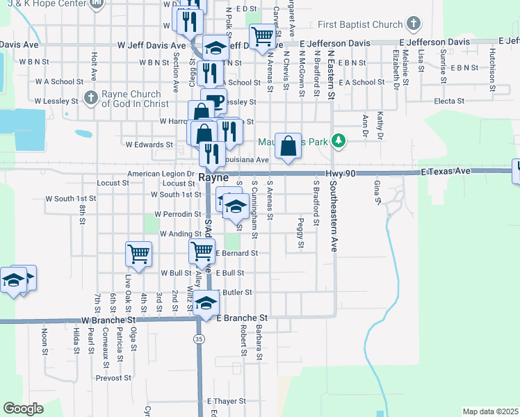 map of restaurants, bars, coffee shops, grocery stores, and more near 404 South Arenas Street in Rayne