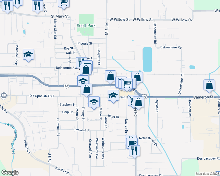 map of restaurants, bars, coffee shops, grocery stores, and more near 5611 Cameron Street in Scott