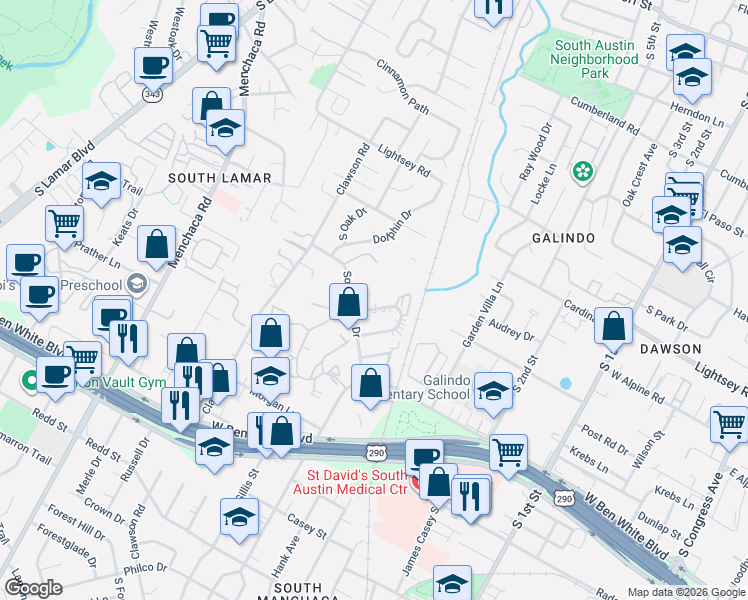map of restaurants, bars, coffee shops, grocery stores, and more near 1314 Southport Drive in Austin