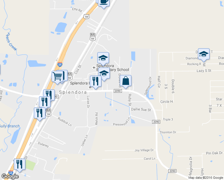 map of restaurants, bars, coffee shops, grocery stores, and more near 26341 Farm to Market Road 2090 in Splendora