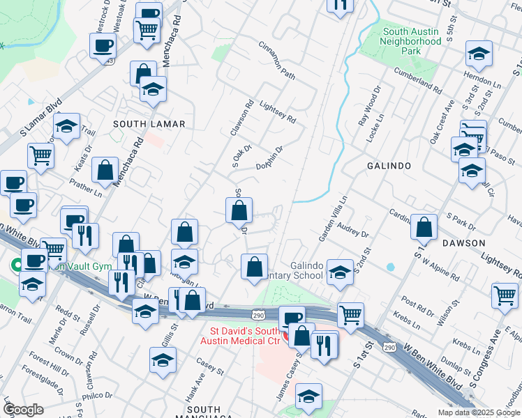 map of restaurants, bars, coffee shops, grocery stores, and more near 1312 Southport Drive in Austin