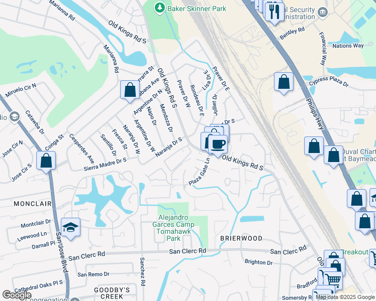 map of restaurants, bars, coffee shops, grocery stores, and more near 8030 Old Kings Road South in Jacksonville