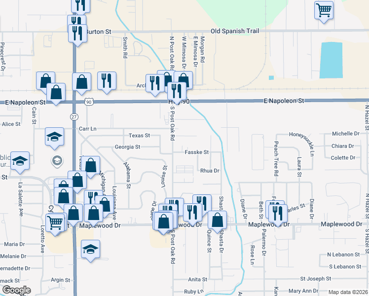 map of restaurants, bars, coffee shops, grocery stores, and more near 2321 Merwood Street in Sulphur