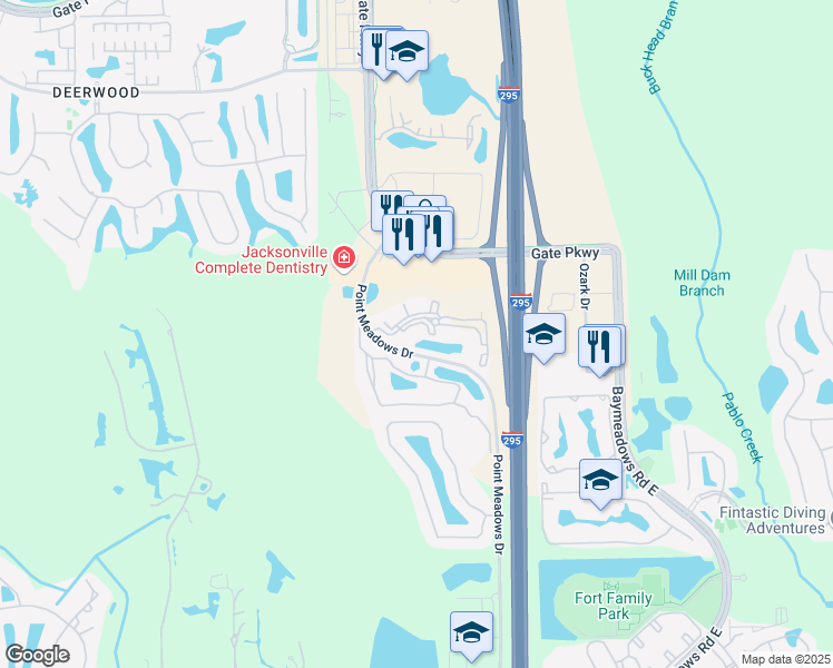 map of restaurants, bars, coffee shops, grocery stores, and more near 7801 Point Meadows Drive in Jacksonville